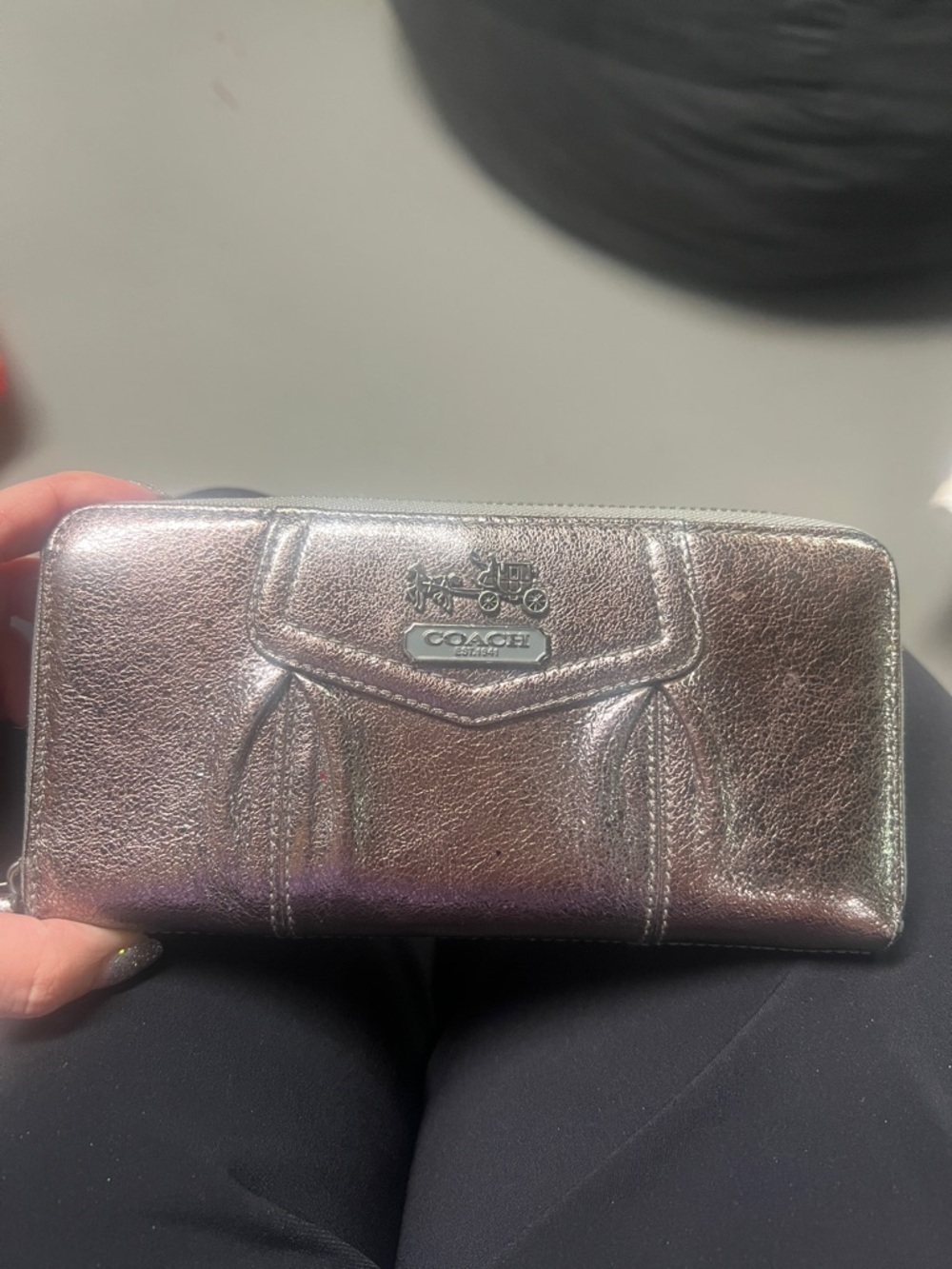 Coach Dark Gray Metallic Leather Zip Wallet - Silver/hematite/pewter